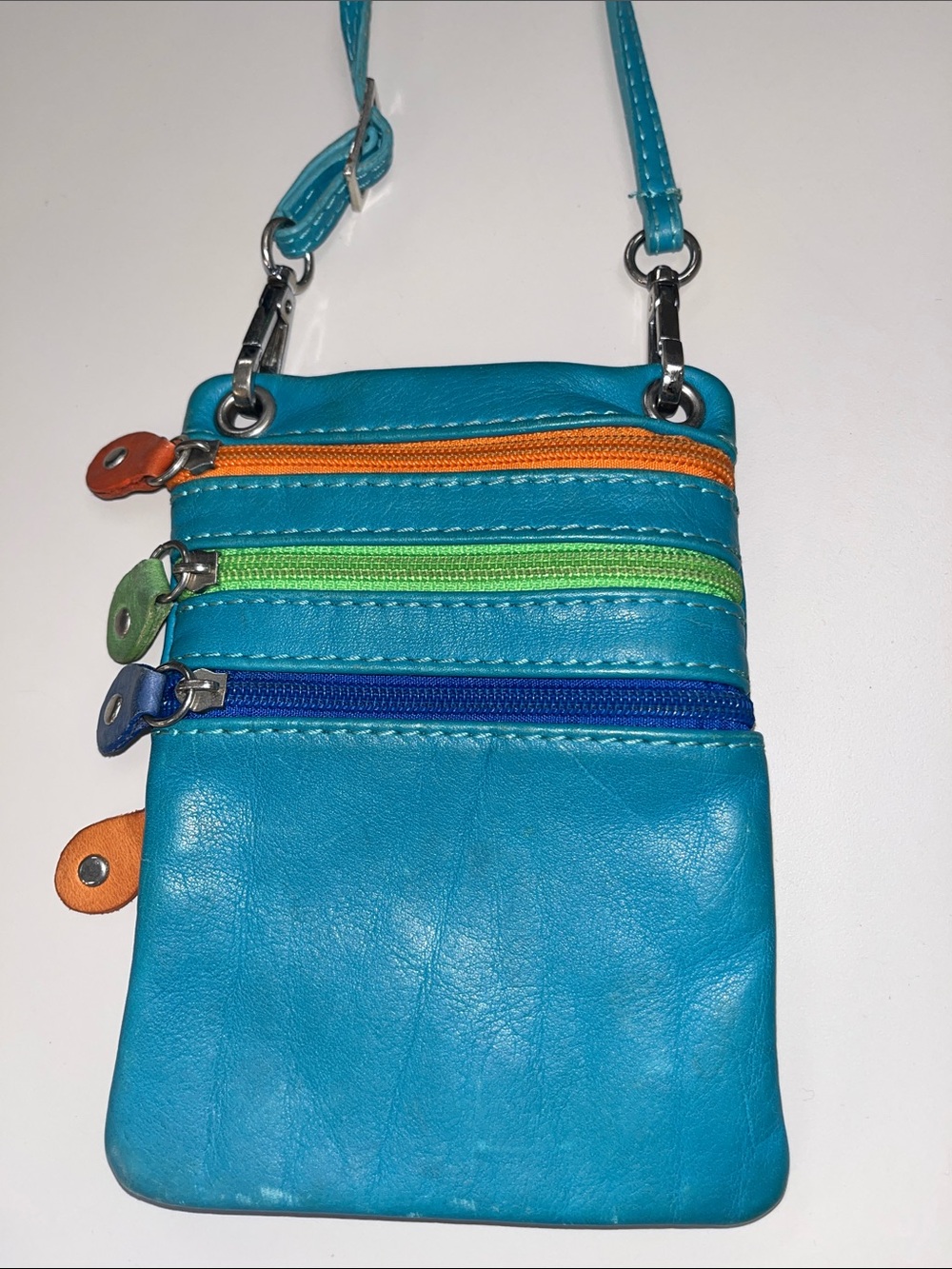 Turquoise Leather Crossbody / Belt Bag with Colorful Zipper Accents